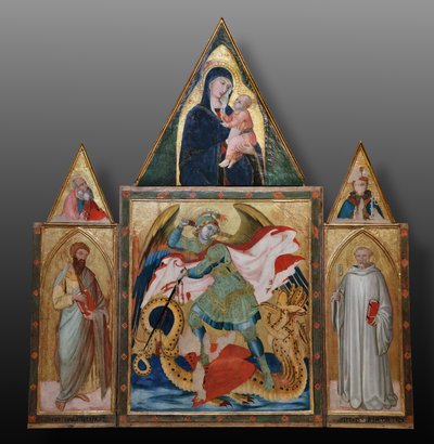 Arkkienkeli Mikael tappaa lohikäärmeen pyhien Benedictuksen ja Bartholomeuksen välissä (tempera paneelille). tekijältä Ambrogio Lorenzetti