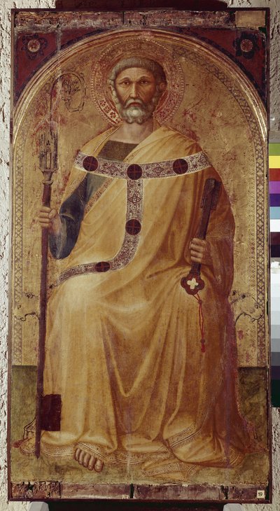 Pyhä Pietari. Ambrogio Lorenzettin (1290-1348) maalaus. Maalaus puulle. Roccalbegna (Grosseto), pyhien Pietarin ja Paavalin kirkko tekijältä Ambrogio Lorenzetti
