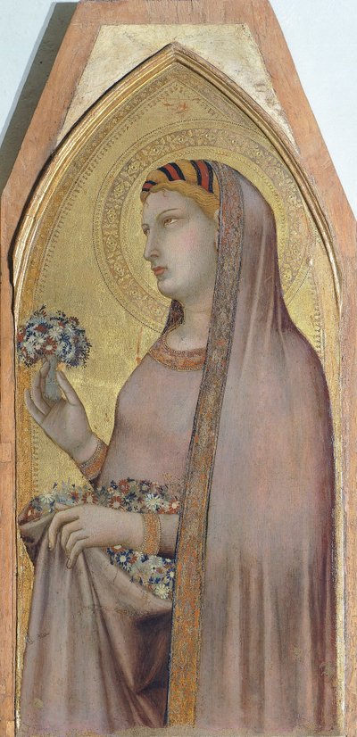 St Dorothea, yksityiskohta Triptyykistä, joka kuvaa Ambrogio Lorenzettin (1290-n. 1348) Madonnaa ja lasta Maria Magdaleenan ja Pyhän Dorothean kanssa, öljy puulle tekijältä Ambrogio Lorenzetti