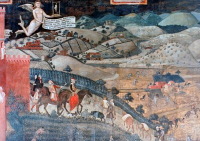 Hyvän hallinnon vaikutukset maaseudulla, yksityiskohta, 1338-1340 tekijältä Ambrogio Lorenzetti