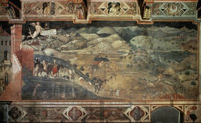 Maaseutu (yksityiskohta Hyvän hallinnon vaikutukset kaupungeissa ja maaseudulla) - Ambrogio Lorenzettin fresko (1285-1348?), 390x810 cm tekijältä Ambrogio Lorenzetti