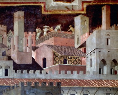 Hyvän ja huonon hallituksen vaikutukset kaupunkiin ja maahan. Yksityiskohta hyvän hallinnon vaikutuksista kaupungissa - 1338-1340, Fresco tekijältä Ambrogio Lorenzetti