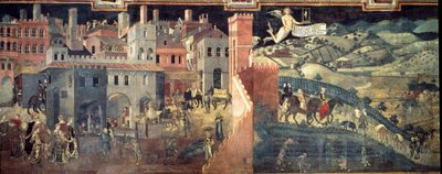 Hyvän ja huonon hallituksen vaikutukset kaupunkiin ja maahan. Yksityiskohta kaupungista. Ambrogio Lorenzettin fresko (1290-1348) tekijältä Ambrogio Lorenzetti