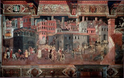 "Hyvän ja huonon hallituksen vaikutukset kaupunkiin ja maahan." Yksityiskohta kaupungista. Ambrogio Lorenzettin fresko (1290-1348) tekijältä Ambrogio Lorenzetti