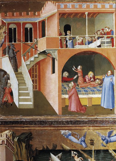 Kuolleen lapsen ylösnousemus. Kohtauksia Pyhän Nikolauksen elämästä (Tempera puulla tekijältä Ambrogio Lorenzetti