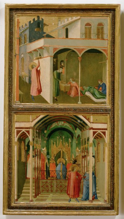 Kaksi legendaa Pyhästä Nikolauksesta Myran kaupungista: Pyhimys antaa ... (tempera puulle) tekijältä Ambrogio Lorenzetti