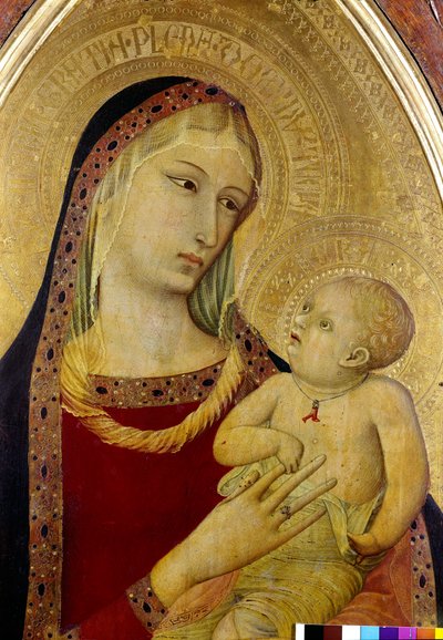 Neitsyt ja lapsi, yksityiskohta. Pyhän syyttäjän triptyykki. Madonnalla on hunnu ja sormus sormessaan. Jeesus Kristus käyttää kaulakorua, jossa on koralliriipus. Ambrogio Lorenzettin maalaus (1285 - noin 1348) tekijältä Ambrogio Lorenzetti