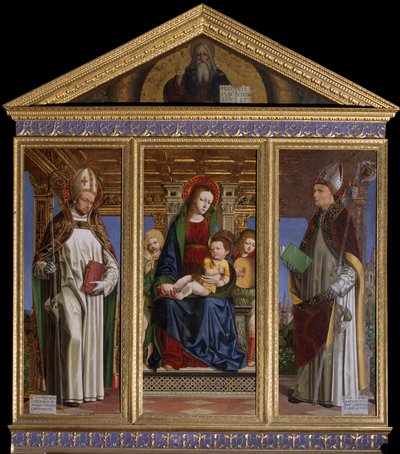 Neitsyt ja lapsi pyhien kanssa Saint Hugh of Avalon (tai Hugh of Lincoln) (1140-1200) ja Saint Hugh of Grenoble (tai Hugh of Chateauneuf) (1053-1132) Ambrogio da Fossano dit il Bergognonen (1481-1522) maalaus Cathedrale Saint Just, Susa, Torino tekijältä Ambrogio da Fossano (c.1460 1523)