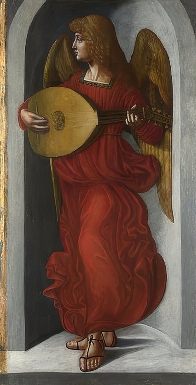 Punainen enkeli luutulla (Milanon San Francescon alttarin siipi). Noin 1495-99 tekijältä Ambrogio de Predis
