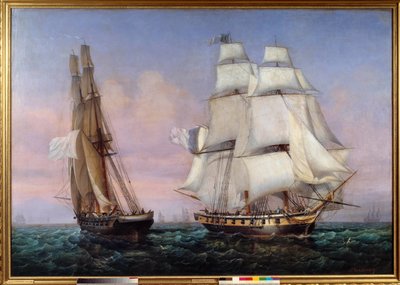 Paluu Elban saarelta 28.02.1815 Napoleon I (1769-1821) aluksella "" The inconstant""" ylittää "" Zephyrin""". Ambroise Louis Garneray (1783-1857) maalaus 1837 su. 1,87x2,27 m tekijältä Ambroise Louis Garneray