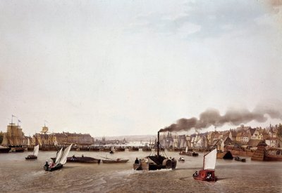 Näkymä jokiliikenteestä Seinen varrella Roueniin. Ambroise Louis Garneray (1783-1857) akvarelli 1800-luvun Pariisi, B.N. tekijältä Ambroise Louis Garneray