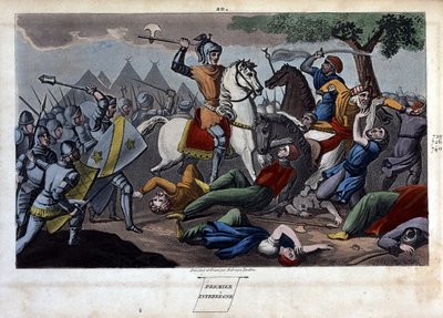 Poitiersin taistelu: Charles Martel voitti Toursin ja Poitiersin välillä Abd al-Rahman I tai Abderamane I (Abd al-Rahman) (731-788), Saraseenien kuningas vuonna 732 - Ambrose Tardieu suunnitteli ja kaivertanut vuonna 1825. tekijältä Ambroise Tardieu