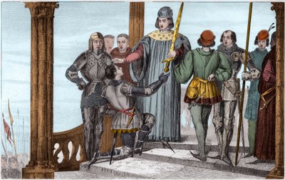 Kaarle V (1358-80) Viisas esittelee miekkansa Duguesdinille - Charles V Le sage (1338-1380) esittelee juhlallisesti connetable Bertrand du Guesclinin (1320-1380) miekan - Kaiverrus 1825 teoksessa "Histoire de Frances, jota edustaa synoptinen maalaus dediee tekijältä Ambroise Tardieu