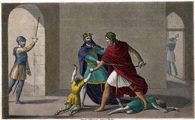 Childebert Annoin Clotairen (Clothairen) teurastaa heidän veljensä Clodomirin, Orleansin kuninkaan, lapset, joiden osavaltiot he jakavat. Ambroise Tardieun suunnittelema ja kaiverrettu vuonna 1825. tekijältä Ambroise Tardieu