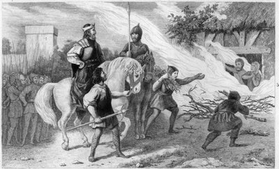 Chlothar I (497-561) polttaa kapinallisen poikansa ja perheensä, 560 - Clotaire (Clothaire) I (497-561), frangien kuningas, polttaa poikansa Chramnen (Chram, Chramn) ja hänen vaimonsa vuonna 560, jotka kapinoivat hän - Kaiverrus 1825 kirjassa "Histoire de  tekijältä Ambroise Tardieu