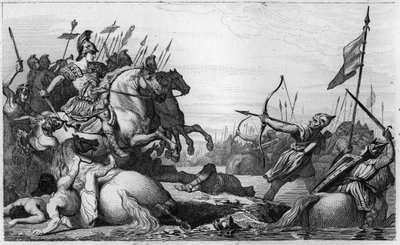 Clodion, The Hairy (c428-47) vetäytyy sillan toiselle puolelle Aetiuksen tappion jälkeen - Clodion dit "" Le Chevelu"" (n. 428-n. 448), Merovingien esi-isä, salilaisten frangien johtaja - Clodion on voitti Aetius, Valentinien III:n kenraali, joka tekijältä Ambroise Tardieu