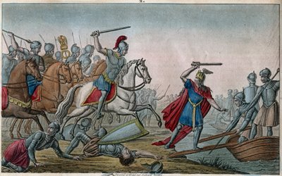 Clodion nimeltä "The Hair" (428-448), Merovingien esi-isä, saalilaisten frangien johtaja - Valentinianus III:n kenraali Aetius voitti Clodionin, joka pakotti hänet silittämään Rein - Piirrä ja hauta Ambroise Tardieu vuonna 1825 tekijältä Ambroise Tardieu