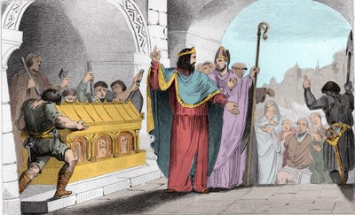 Clovis II (635-657) Hopean ja kullan myynti pyhäköstä köyhien ruokkimiseksi - Clovis II dit “” le Faineant”” köyhien ruokkimiseksi teki kulta- ja hopeaterät poistettiin Saint-Denisin kirkosta – Kaiverrus 1825 "Histoire de Francea edustaa syn tekijältä Ambroise Tardieu