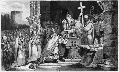 Clovis I (465-511) kastettiin armeijansa miehillä ennen Tolbiacin taistelua - Cloviksen kaste 1., 25. joulukuuta 496: Saint Remi (437-533) kastaa le roi des Francsin (466-511) Reims, Saint Martinin kirkossa - Kaiverrus 1825 kirjassa "Histoi tekijältä Ambroise Tardieu