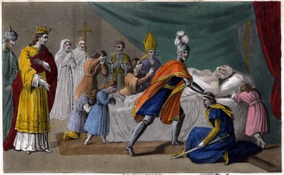 Pepin of Herstalin (635-714) kuolema perheensä ympäröimänä - Pepin de Herstalin (Pepin le Briefin isoisän) kuolema perheensä ympäröimänä ja Dagobert III:n (714) läsnä ollessa - Piirrä ja hauta Ambroise Tardieu vuonna 1825 tekijältä Ambroise Tardieu