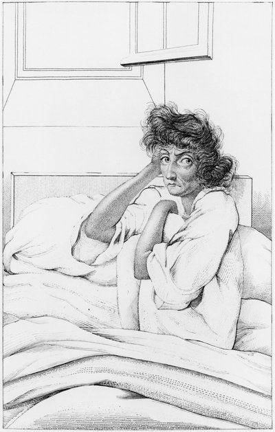 Masentunut nainen, kuva Etienne Esquirolin (1772-1840) julkaisusta "Des Maladies Mentales, joka on käsitelty lääketieteellisen, hygieenisen ja lääketieteellisen oikeudellisen raportin alla" 1838 tekijältä Ambroise Tardieu