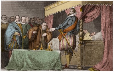 Henrik III (1551-1589), Ranskan kuningas, tunnustaa kuolinvuoteessaan Henrik Navarralaisen (Henry IV) lailliseksi seuraajakseen - Saint-Cloud, 2. elokuuta tekijältä Ambroise Tardieu
