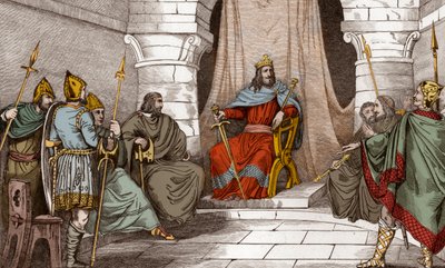 Kuningas Charibert (521-567) neuvostossa tuomarien kanssa - Caribert tai Cherebert, Pariisin kuningas (561-567), joka piti neuvostoja, tai hän teki oikeutta - Kaiverrus vuodelta 1825 "Histoire de Francessa, jota edustavat synoptiset maalaukset dediee Ransk tekijältä Ambroise Tardieu