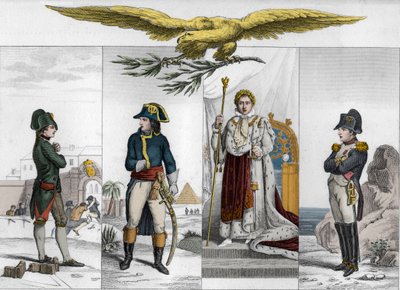 Napoleon Bonaparte (1769-1821) neljässä elämänvaiheessa - Napoleon Bonaparte (1769-1821) eri elämänaikoina - Kaiverrus vuodelta 1825 kirjassa "Histoire de France, jota edustavat Ranskan lapsille omistetut synoptiset maalaukset, joita käytettiin heidän maal tekijältä Ambroise Tardieu