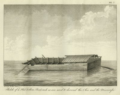 Luonnos tasapohjaisesta veneestä, jollaista lasketaan Ohiosta ja Mississippiä, julkaistu vuonna 1826 tekijältä Ambroise Tardieu