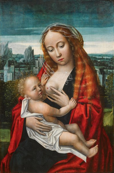 Hollanti: Maria ja lapsi istuvat maiseman edessä Neitsyt ja lapsi (The Virgin and Child) tekijältä Ambrosius Benson