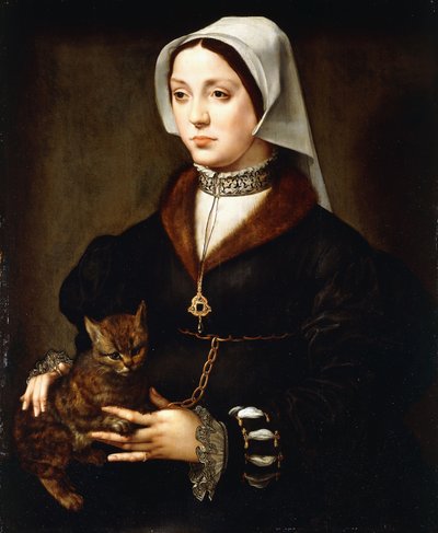 Naisen muotokuva, kolme neljäsosaa, yllään tumma puku, pitelee kissaa tekijältä Ambrosius Benson