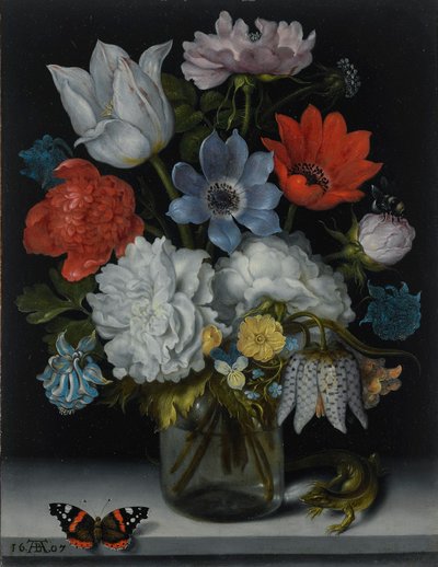 Dutch: Flowers in a Glass Flask on a Marble Ledge, Flanked by a Red Admiral Butterfly and a Lizard A Still Life of Flowers in a Glass Flask on a Marble Ledge, Flanked by a Red Admiral Butterfly and a Lizard tekijältä Ambrosius Bosschaert