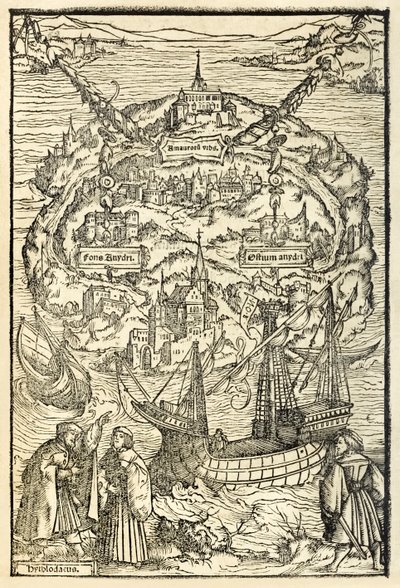 Utopian Uuden saaren kartta Sir Thomas Moren (1478-1535) Utopian vuoden 1518 painoksesta, julkaistu ensimmäisen kerran vuonna 1516. Ambrosius Holbeinin (n. 1494-n. 1519) puupiirros, jossa saari päähenkilöineen tekijältä Ambrosius Holbein