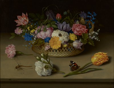 Kukkien asetelma, sudenkorento ja punainen amiraali tekijältä Ambrosius the Elder Bosschaert