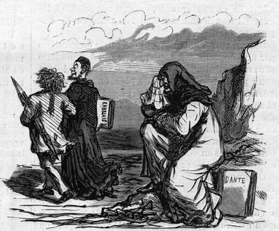 Köyhä Dante alkaa itkeä, kun hän näkee Gustave Doren käsivarsi-ja käsivarsi alaspäin tuon pienen Rabelais-miehen kanssa. Sarjakuva Chamista. Kaiverrus "" Le Monde Illustré" -julkaisussa nro 821, 4. tammikuuta tekijältä Amédée de Noé