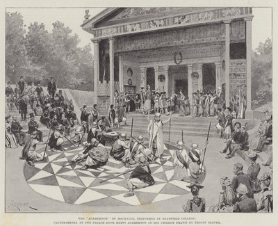 Aischyloksen "Agamemnon", esitetty Bradfield Collegessa, Clytemnestra palatsin ovella tapaa Agamemnonin hänen Troijan orjiensa piirtämässä vaunussa (litho) tekijältä Amedee (after) Forestier
