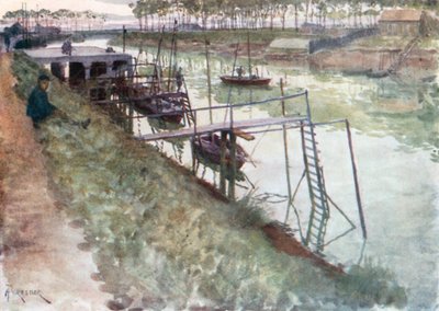 Laituri, ankeriasveneet ja maihinnousualustat, Nieuport (värilitra) tekijältä Amedee (after) Forestier