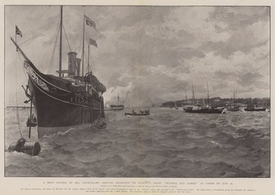 Salainen neuvosto merellä, neuvoston jäsenet saapuvat Hänen Majesteettinsa Yacht Victorian ja Albertin kanssa Cowesiin 26. heinäkuuta tekijältä Amedee Forestier