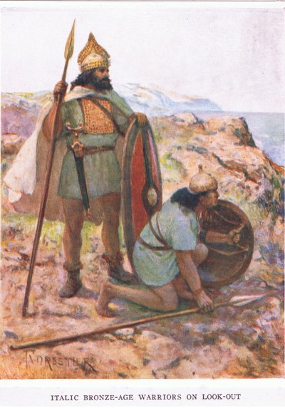 Kursivoimalla pronssikauden soturit vartiossa, kuvitus teoksesta "The Roman Soldier" tekijältä Amedee Forestier