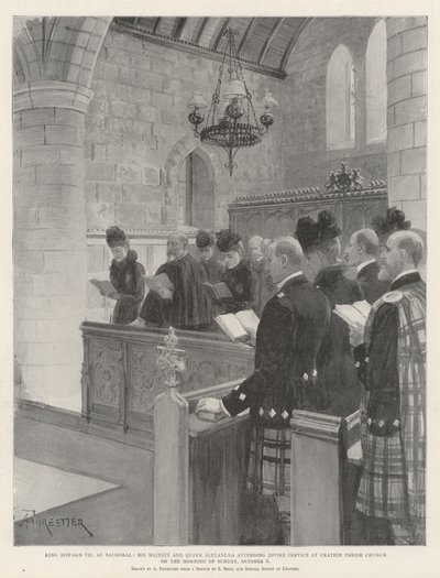 Kuningas Edward VII Balmoralissa, Hänen Majesteettinsa ja kuningatar Alexandra jumalanpalveluksessa Crathien seurakunnan kirkossa sunnuntaiaamuna 6. lokakuuta tekijältä Amedee Forestier
