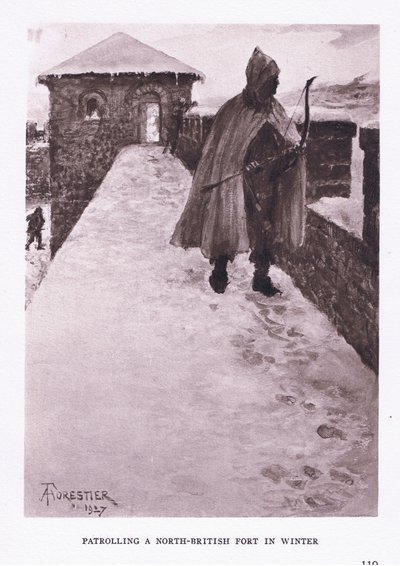 Partioi Pohjois-Britannian linnoituksessa talvella, kuvitus teoksesta The Roman Soldier, 1928 tekijältä Amedee Forestier