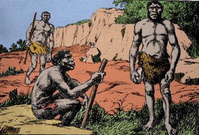 Esihistoria: esitys Homo rhodesiensisistä tai Broken Hillin miehestä, Homo sapiensin esi-isästä, jonka fossiilit löydettiin Rhodesiasta (nykyinen Sambia Afrikassa). Piirustus A. Forestier. DR tekijältä Amedee Forestier