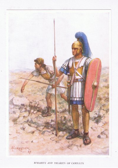 Rorarius ja Triarius Camilluksessa, kuvitus teoksesta The Roman Soldier, 1928 tekijältä Amedee Forestier