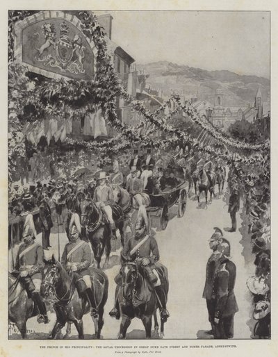 Prinssi ruhtinaskuntassaan, kuninkaallinen kulkue Great Duke Gate Streetillä ja North Parade, Aberystwyth tekijältä Amedee Forestier