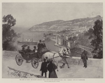 Kuningatar Cimiezissä, Hänen Majesteettinsa palaamassa Drive by Villefranche Roadilta, HMS Cambrian makaamassa Villefranchella tekijältä Amedee Forestier
