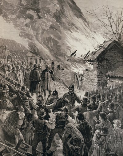 Vuokrasota Irlannissa: Häädettyjen vuokralaisten talojen polttaminen Glenbeighissä, Derryn kreivikunnassa, kuva "The Illustrated London News", 29. tammikuuta 1887 tekijältä Amedee Forestier