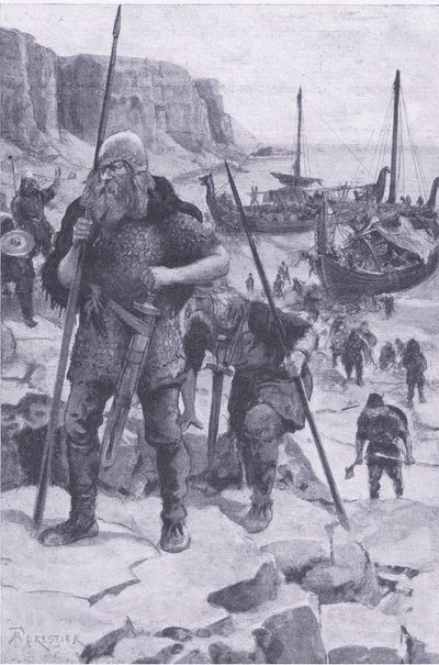Viikingit löytävät Amerikan, My Magazine, pub.1922 (litho) tekijältä Amedee Forestier