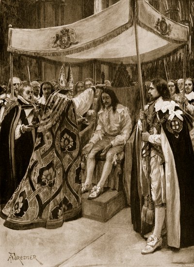 Charles I:n voitelu Canterburyn arkkipiispa George Abbotin toimesta Westminster Abbeyssa kynttilänpäivänä vuonna 1626 The Illustrated London Newsista, 1902 tekijältä Amedee Forestier