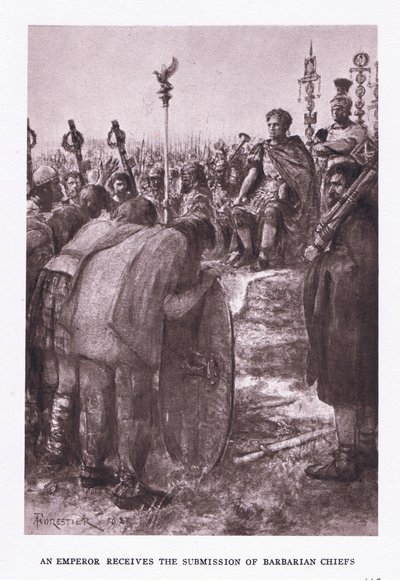 Keisari vastaanottaa barbaaripäälliköiden alistuman, kuvan roomalaisesta sotilasta, 1928 tekijältä Amedee Forestier