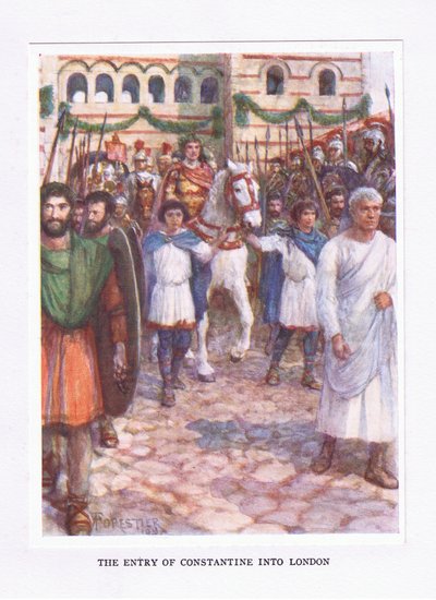 Constantinuksen tulo Lontooseen, kuvitus teoksesta The Roman Soldier, 1928 tekijältä Amedee Forestier